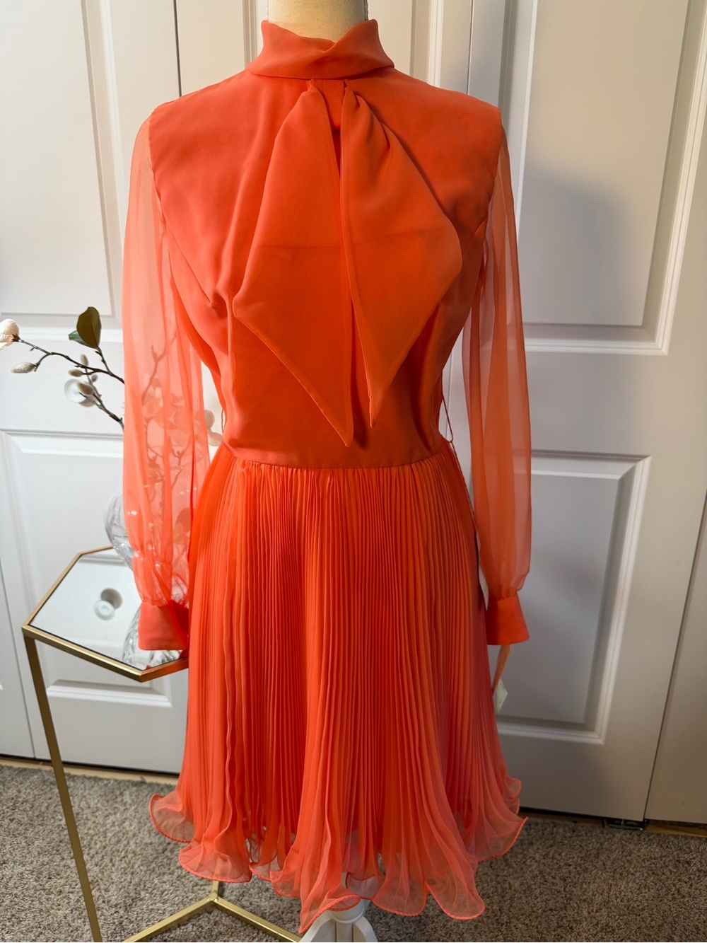 Vtg Jack Bryan Women's Long Sleeve Pleated Chiffon Dress in Coral Orange
